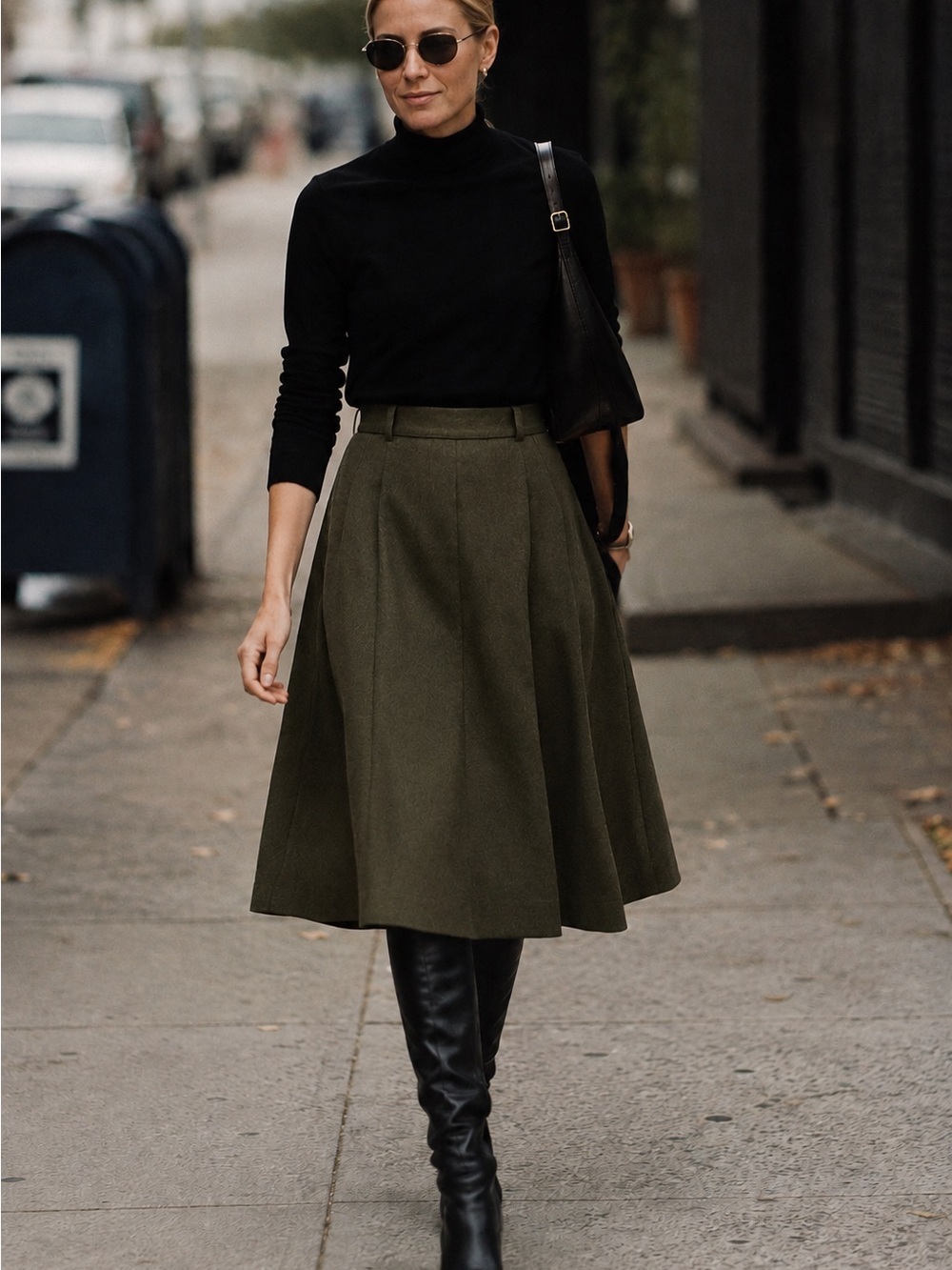 Vintage Wool A-Line Midi Skirt in Olive Green- Size 10